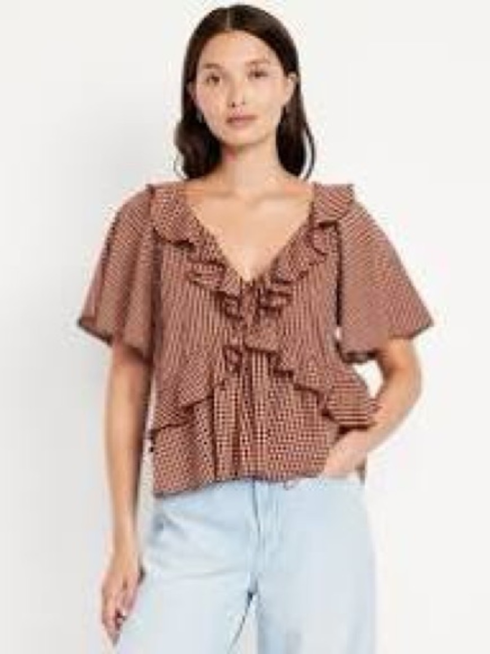 035 Old Navy Burgundy Gingham Ruffle Tie-Front Blouse